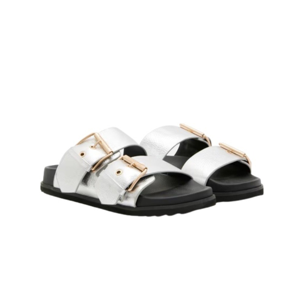 ALLSAINTS Sian Leather Metallic Sandals Silver Leather Gold Buckle Slide NWOT 7